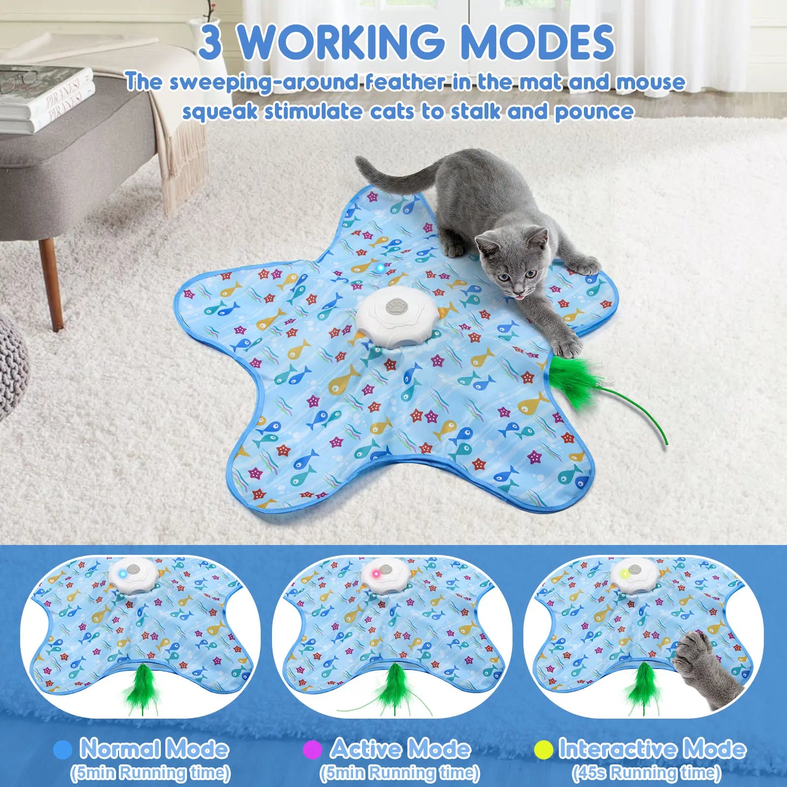 Interactive Unpredicatable Moving Feather Hunting Cat Toy , Hide and Seek Rechargeable Cat Toy for Bored Cat,Automatic Chargeable，Indoor Exercise & Boredom Relief for All Breeds Cats