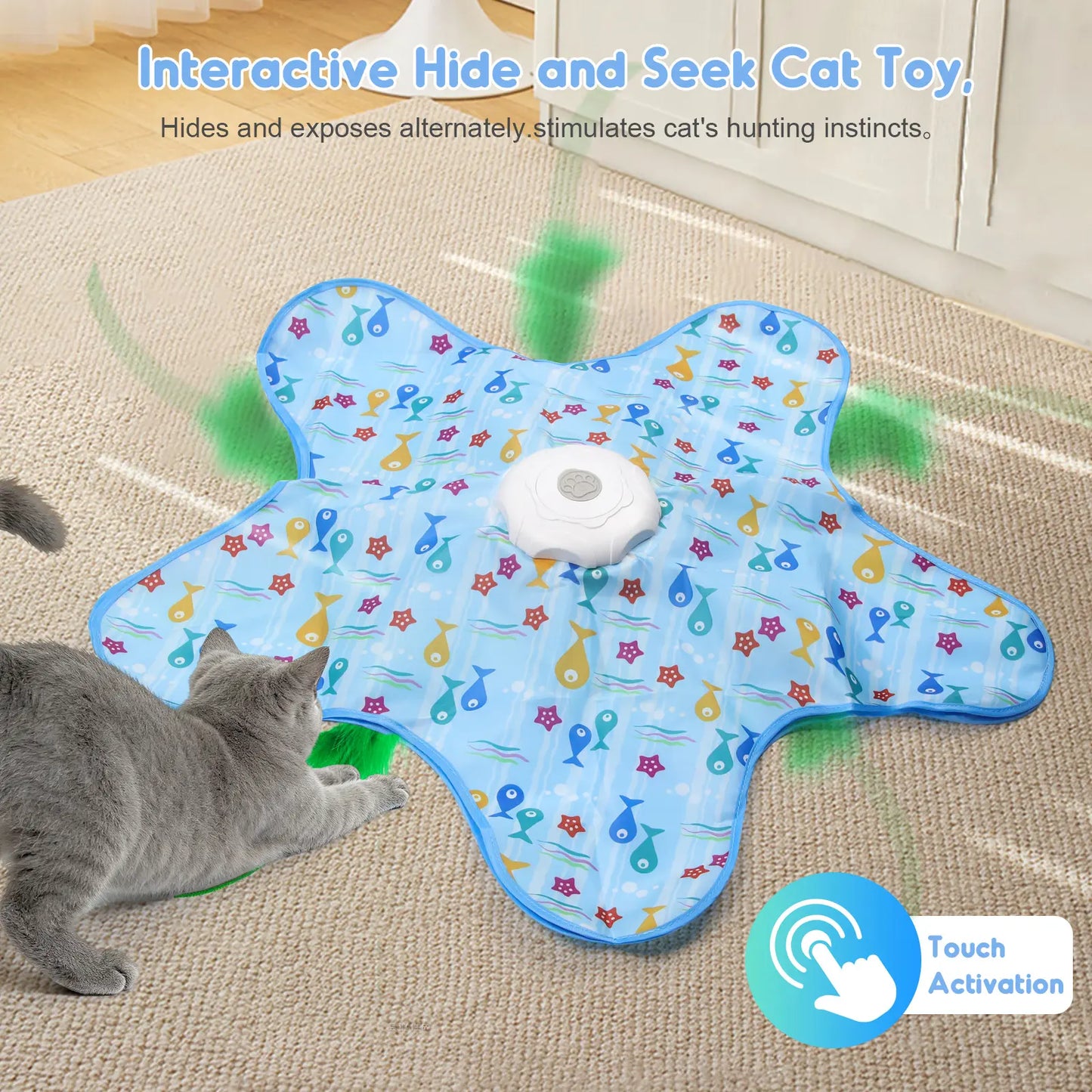 Interactive Unpredicatable Moving Feather Hunting Cat Toy , Hide and Seek Rechargeable Cat Toy for Bored Cat,Automatic Chargeable，Indoor Exercise & Boredom Relief for All Breeds Cats